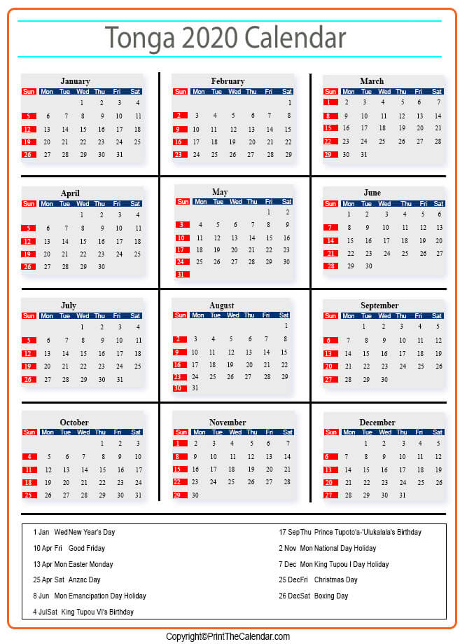 Tonga Calendar 2020
